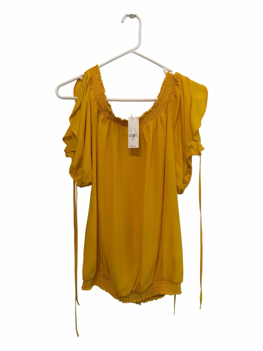 New York & Company Mustard Yellow Smocked Off-Shoulder Blouse